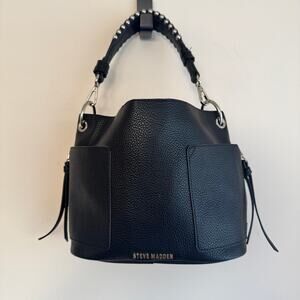 New Steve Madden BSammy Bucket Bag Black Studed Tassel Faux Leather